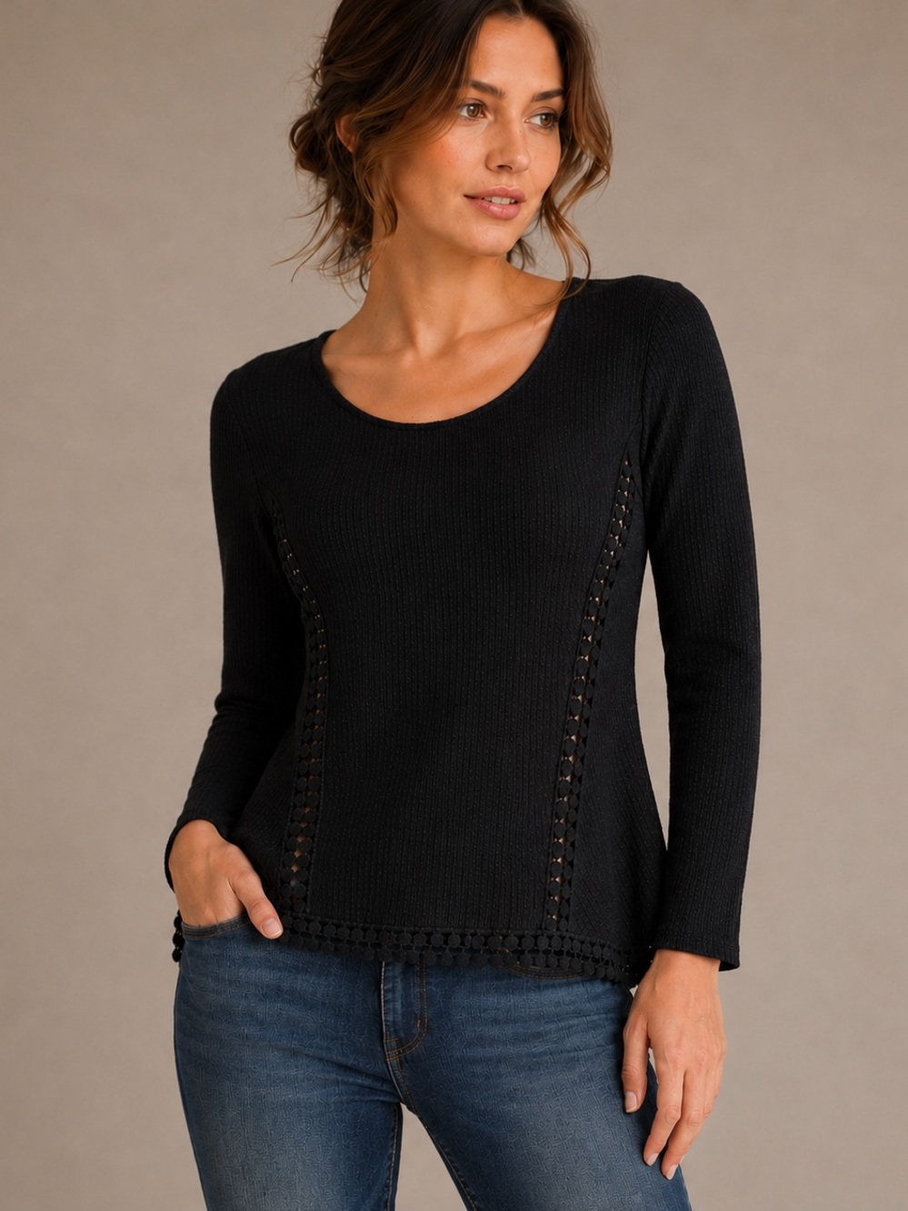 Anthropologie Eri + Ali Black Crochet Trim Textured Top
